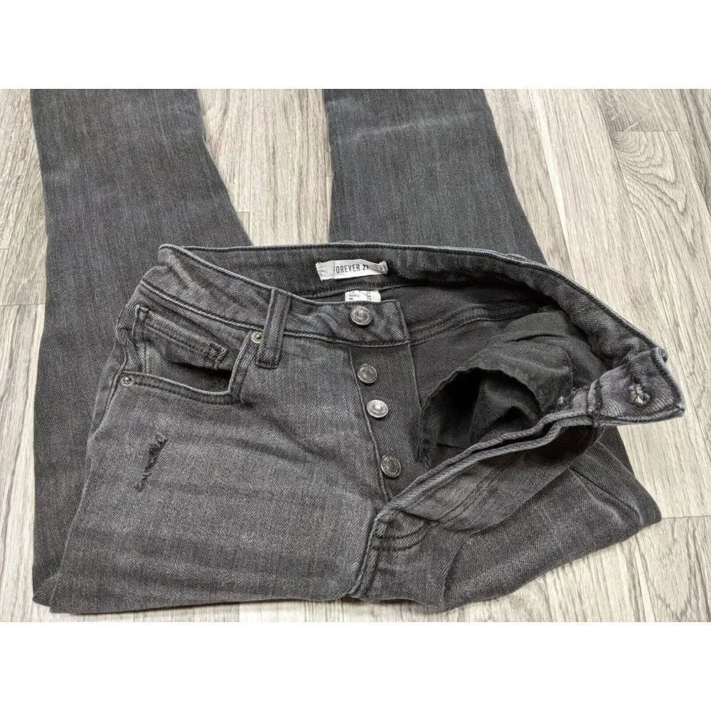 (3/$35) Forever 21 Size 26 Grey Black Straight Leg Button Fly Distressed Jeans‎